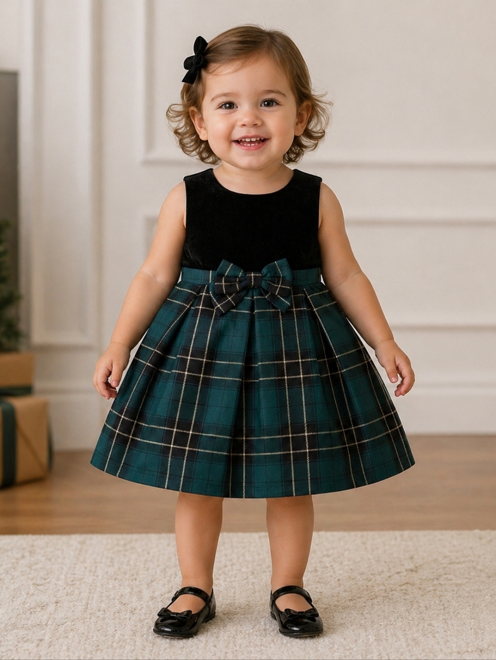 NWOT Toddler The Children's Place Black Velvet & Green/Gold Tartan Hoilday Dress